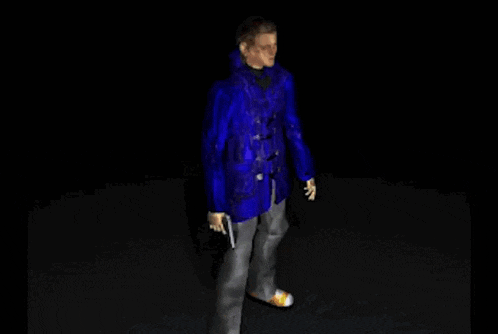a man in a blue coat is holding a gun in the dark