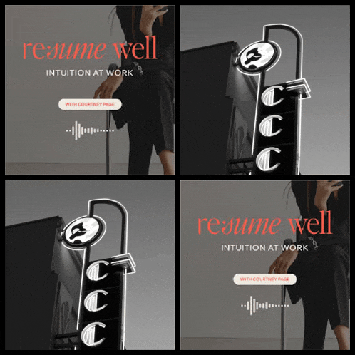 four images of a woman with the words resume well intuition at work on the bottom
