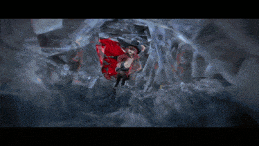 a cartoon character in a red cape and hat is flying through a tunnel of ice