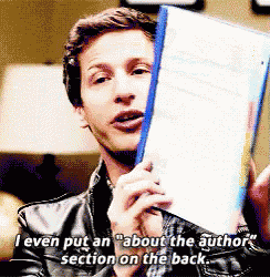 a man holding a piece of paper that says " i even put an " about the author 's section on the back " on it