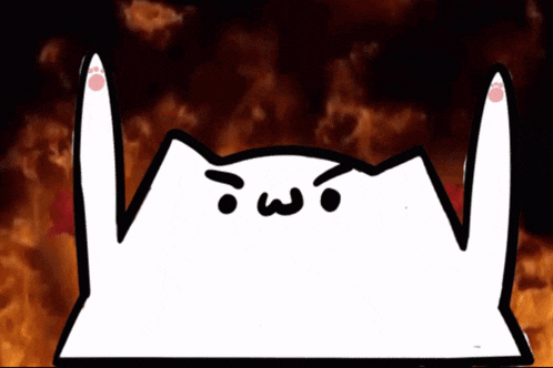 a drawing of a cat with an angry face and a fire background