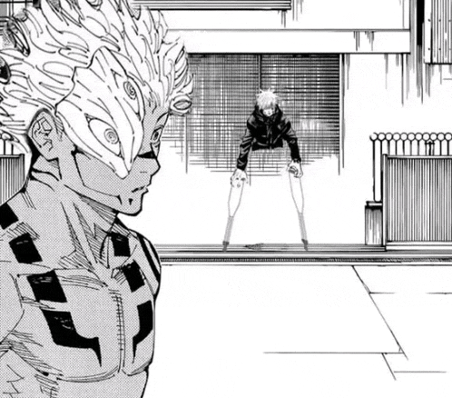 a black and white drawing of a man standing next to another man .