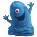 a blue monster with a red eye and arms is standing on a white background .