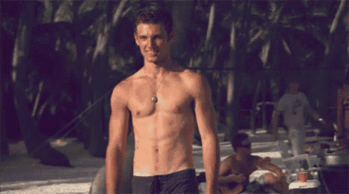 a shirtless man is standing on a beach with other men