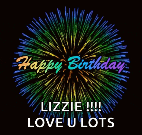 a happy birthday lizzie !!! love u lots greeting card with fireworks in the background