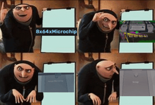 a despicable me character holding a clipboard with 8x64xmicrochip written on the top