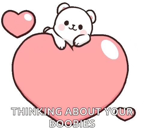 a cartoon bear is sitting on top of a pink heart with the words `` thinking about your boobies '' written on it .