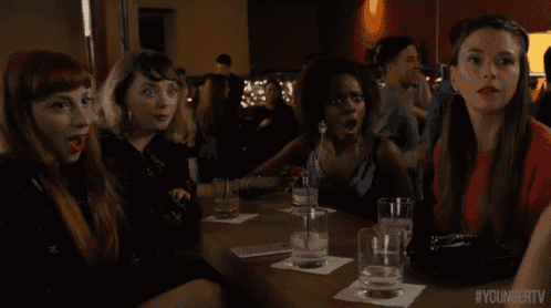 a group of women sitting at a bar with #youngertv written on the bottom of the screen