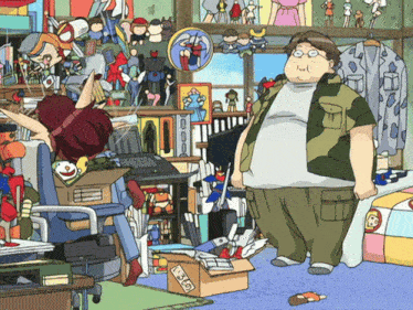 a cartoon of a man and a woman in a messy room with a box that says ' gt ' on it