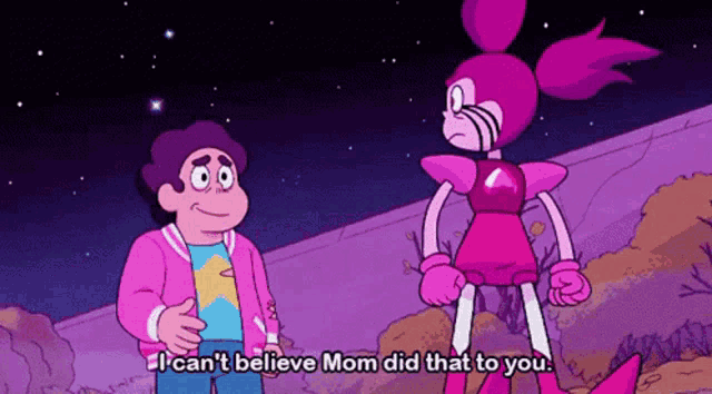 a cartoon character from steven universe is standing next to a cartoon character from spinel .