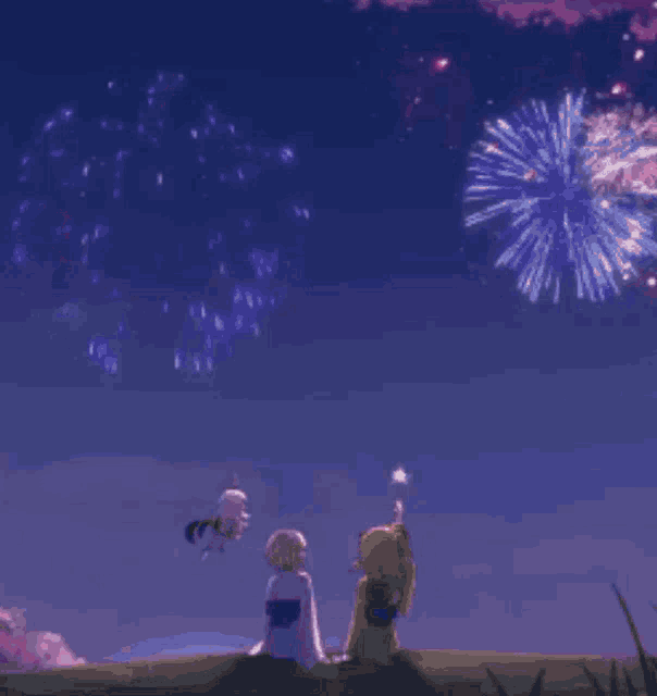 a couple of girls are sitting on a hill watching fireworks