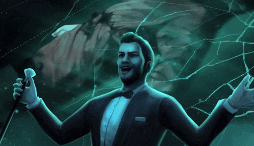 a man in a tuxedo is singing into a microphone in front of a broken glass wall