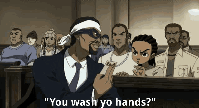a group of people sitting in a courtroom with a man wearing a mask saying " you wash yo hands ? "