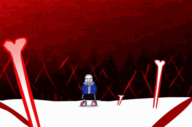 a cartoon drawing of a skeleton with a blue jacket and pink shoes