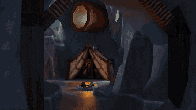 a cartoon drawing of mario in a cave with a tent