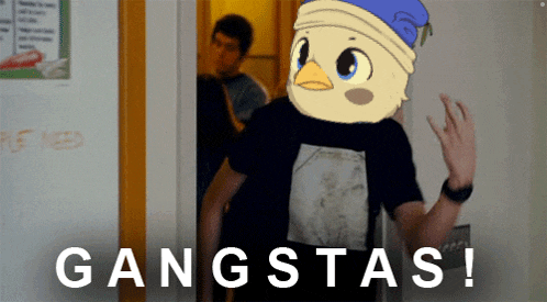 a picture of a man with a duck head and the words gangsta written below him