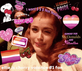 a collage of stickers including one that says ' ellie is cherry valance # 1 fan ' on it