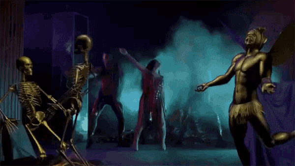 a woman is dancing in front of a skeleton .