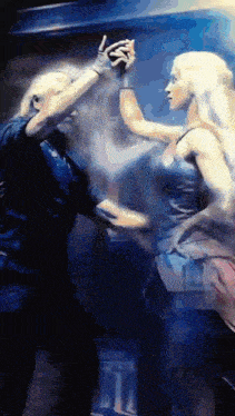 a painting of a man and a woman dancing together