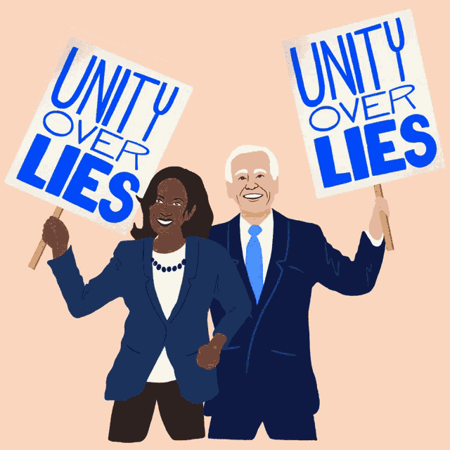 a man and a woman are holding up signs that say unity over lies