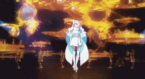 a girl in a white and blue outfit is standing in front of a large glowing object