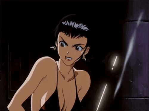 a woman in a bikini is standing in a dark room with smoke coming out of her breasts .