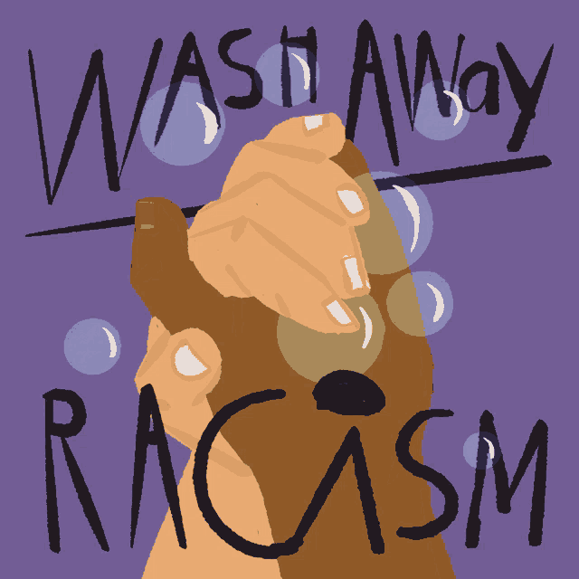 a poster that says wash away racism with two hands washing each other