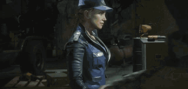 a woman in a blue hat is talking to a man in a camouflage uniform .