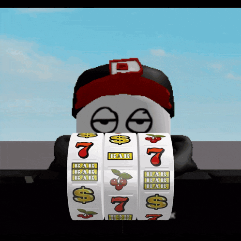 a cartoon character is holding a slot machine that says 7