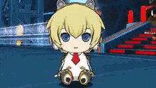 a cartoon character with blonde hair and blue eyes is sitting down in a room .