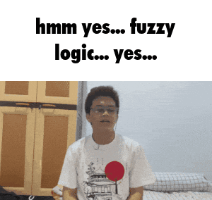 a man wearing a white shirt with a red circle on it says " hmm yes fuzzy logic yes "