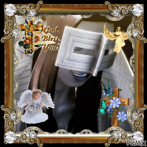 a picture of a woman wearing a mask with the words god bless you