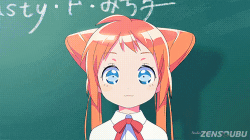 a girl with cat ears is standing in front of a chalkboard with the word style written in white chalk