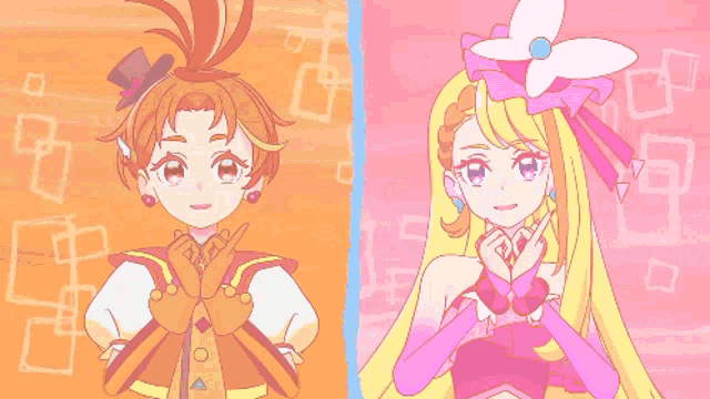 a girl in a top hat and gloves is next to a girl in a pink dress