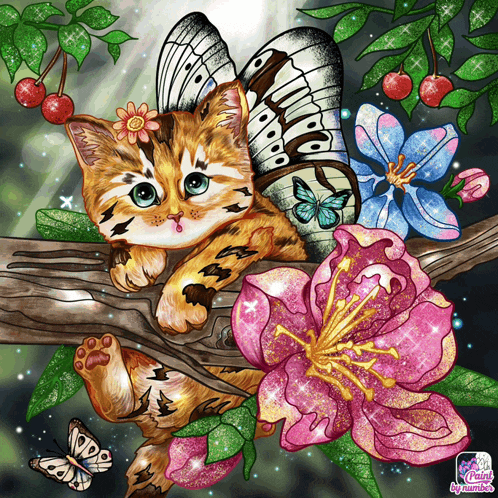 a cat with butterfly wings is sitting on a branch with pink flowers
