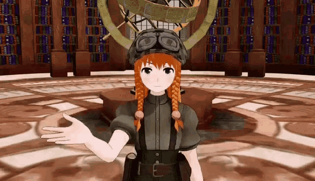 a girl with red hair is wearing a goggles and a hat