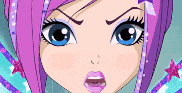 a close up of a cartoon girl 's face with purple hair and blue eyes .