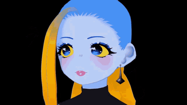 a cartoon girl with blue hair and yellow eyes