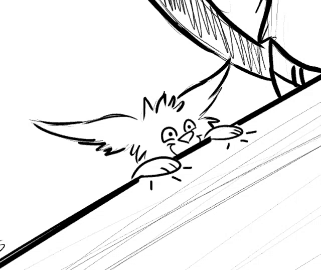 a black and white drawing of a dog peeking over a ledge .