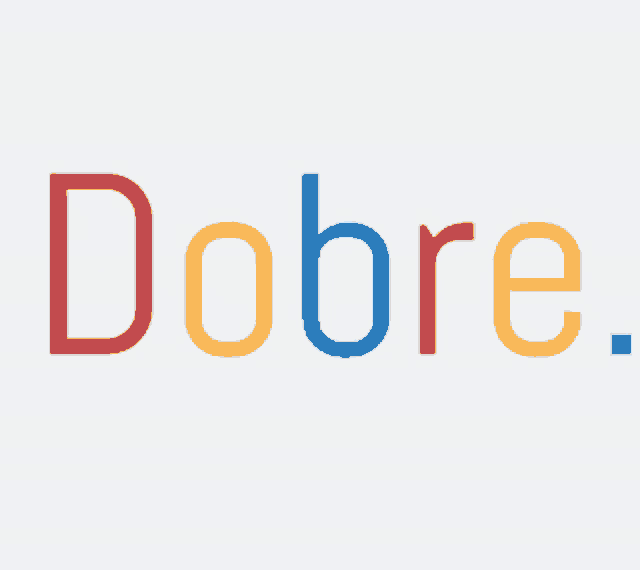 the word dobre is written in a colorful font on a white background
