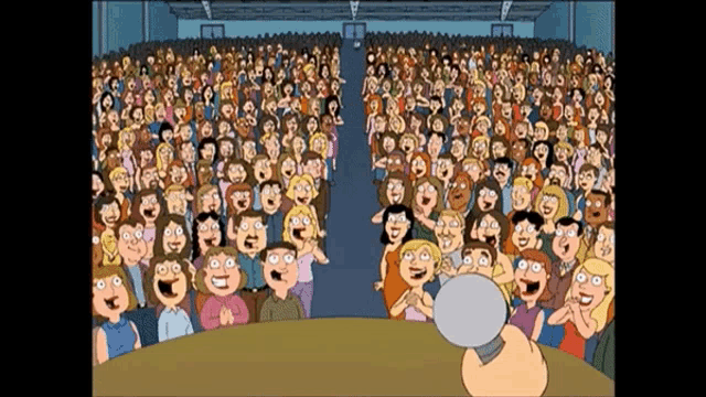 a cartoon of a crowd of people laughing with a hand holding a microphone