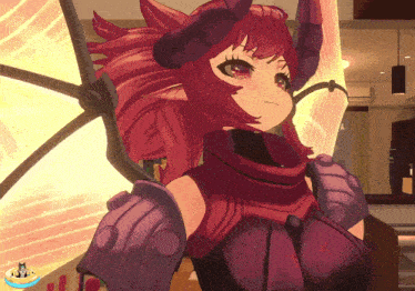 a cartoon character with horns and a purple outfit