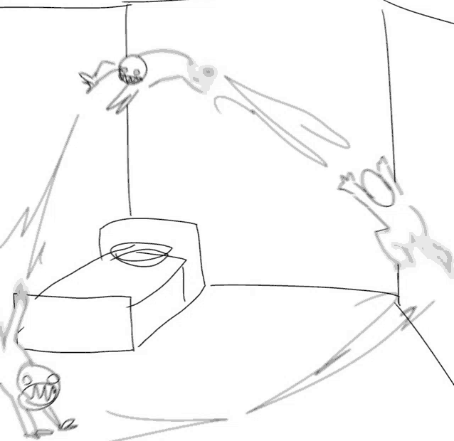 a drawing of a room with a bed and a person jumping in the air