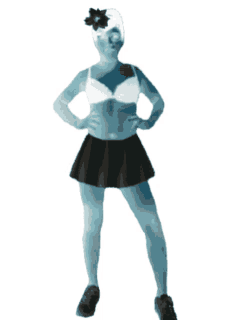 a woman in a white bra and black skirt with a flower in her hair