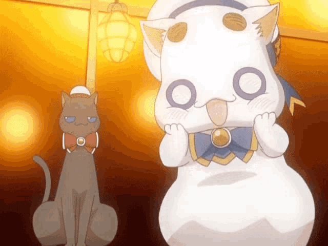 a cartoon cat is sitting next to a white cat with a bow tie