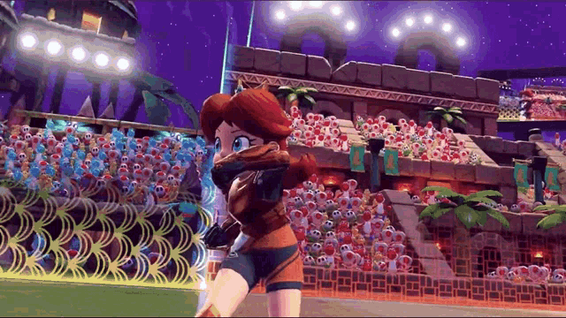 a cartoon character is standing in front of a crowd with a banner that says ' a ' on it