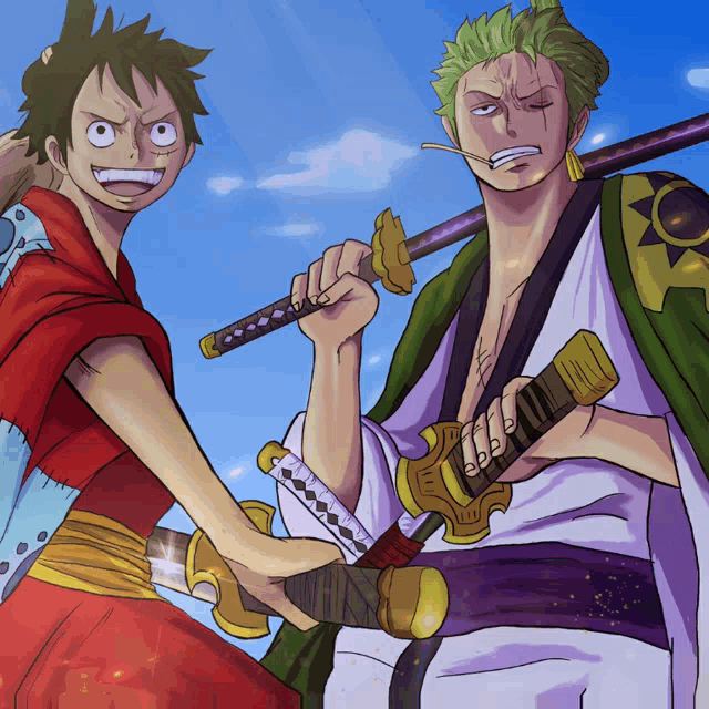 monkey d luffy and roronoa zoro are standing next to each other holding their swords