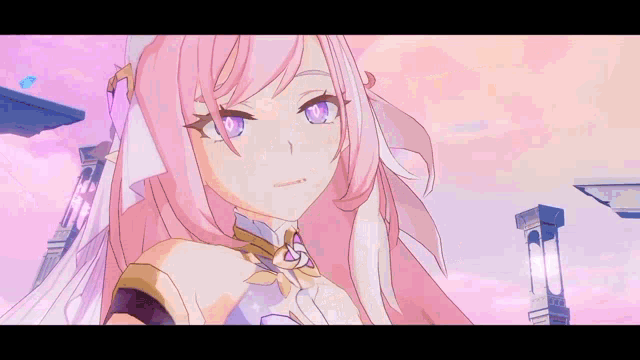a girl with pink hair is smiling and holding a sword