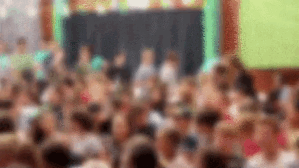 a blurry image of a crowd of people sitting in a room .