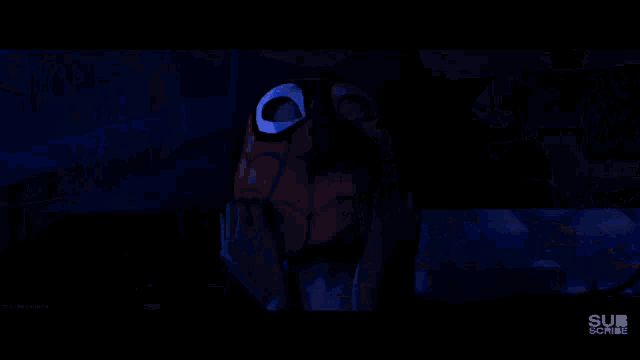 a cartoon character in a dark room with the word scribe at the bottom right